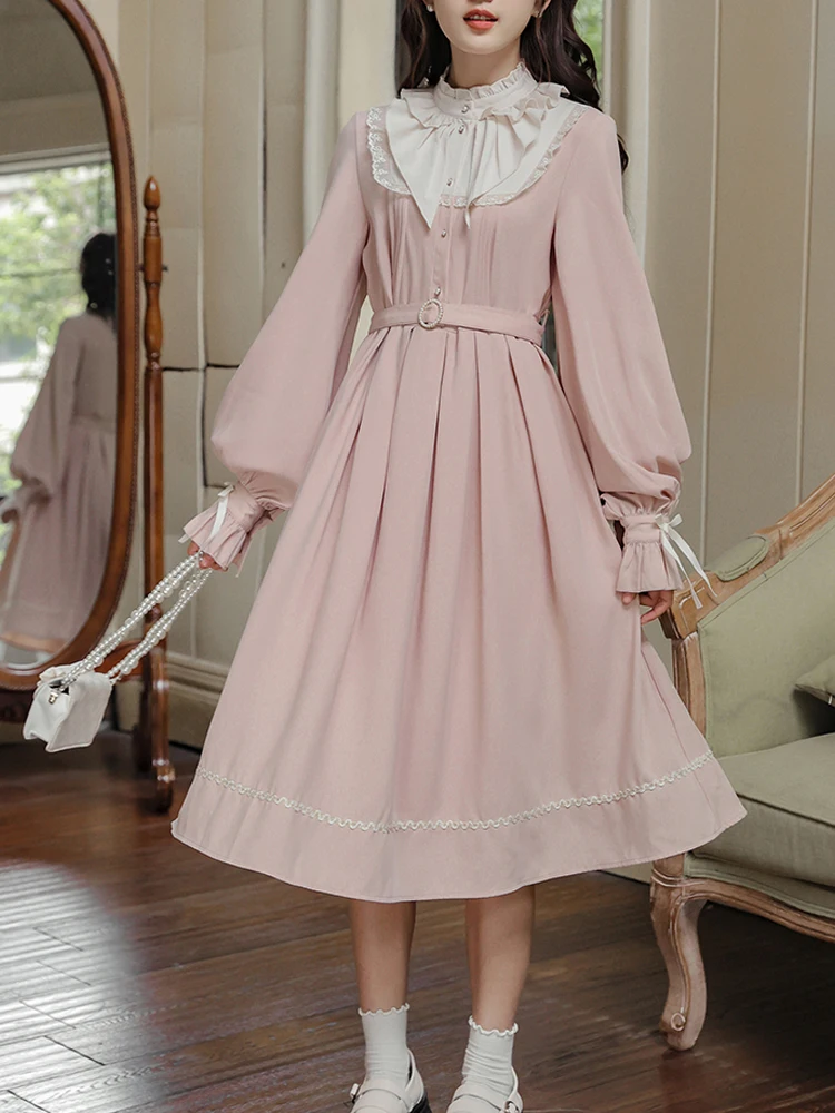 

Japanese Lolita Style Spring Autumn Pink Women Midi Dress Sweet Office Ruffles Princess Dress Elegant Feminine Chiffon Dresses