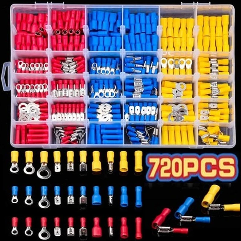 720 pcs Cable Lugs Assortment Kit Wire Flat Female and Male Insulated Electric Wire Cable Connectors Crimp Terminals Set