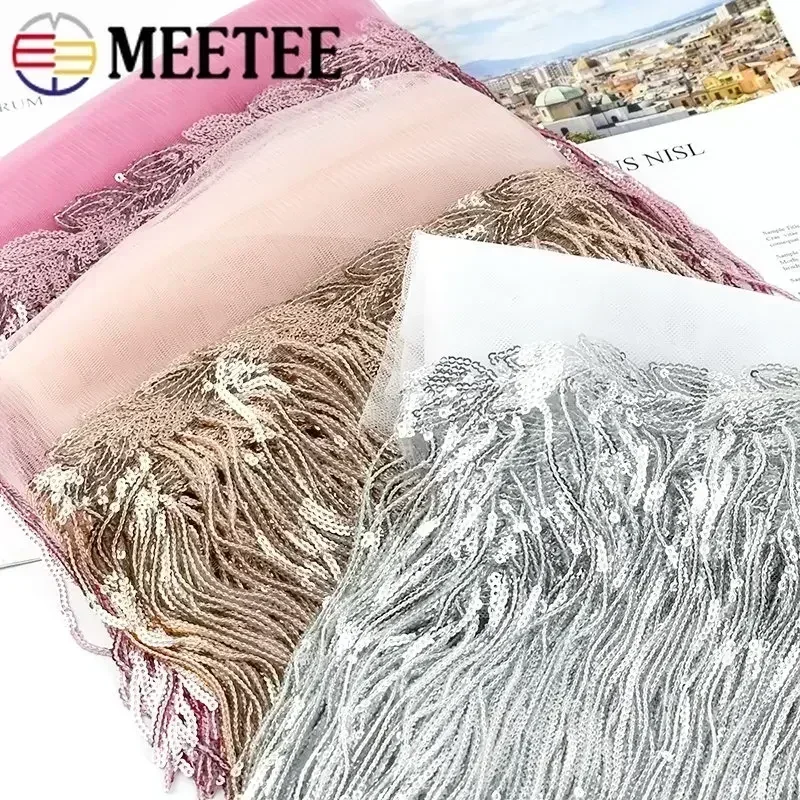 1/2/3Yards Meetee 20cm Sequin Fringe Tassel Lace Trim Glitter Ribbon DIY Dance Performance Clothing Decoration Sewing Material