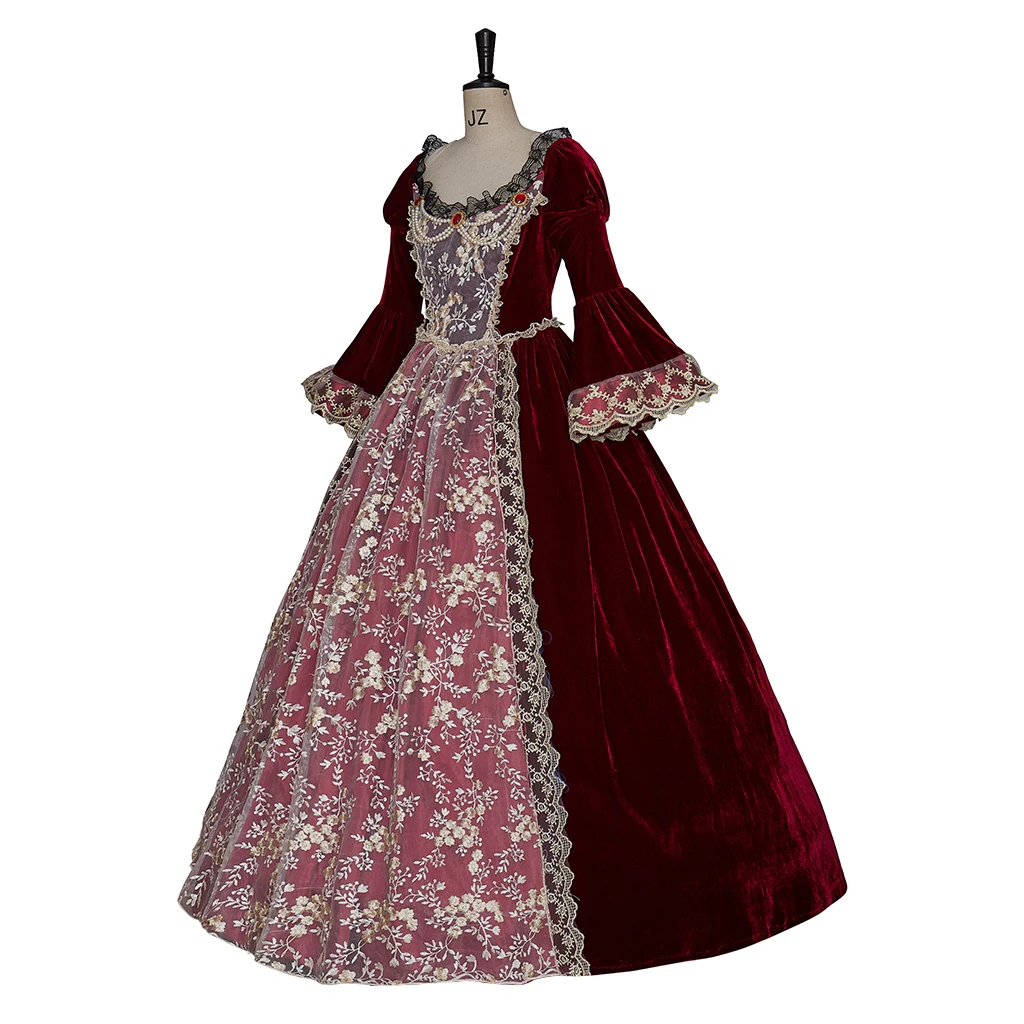 Burgundy Victorian Gothic Wedding Dresses Civil War Southern Belle Halloween Rococo Red Velvet Court Gown Medieval Retro Dress