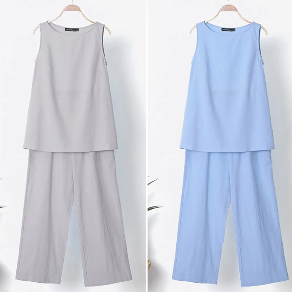 New Cotton And Linen Solid Color Sleeveless Blouse Women\'s Suit Summer Casual Nine Minute Wide Leg Pants Two Piece Set Female