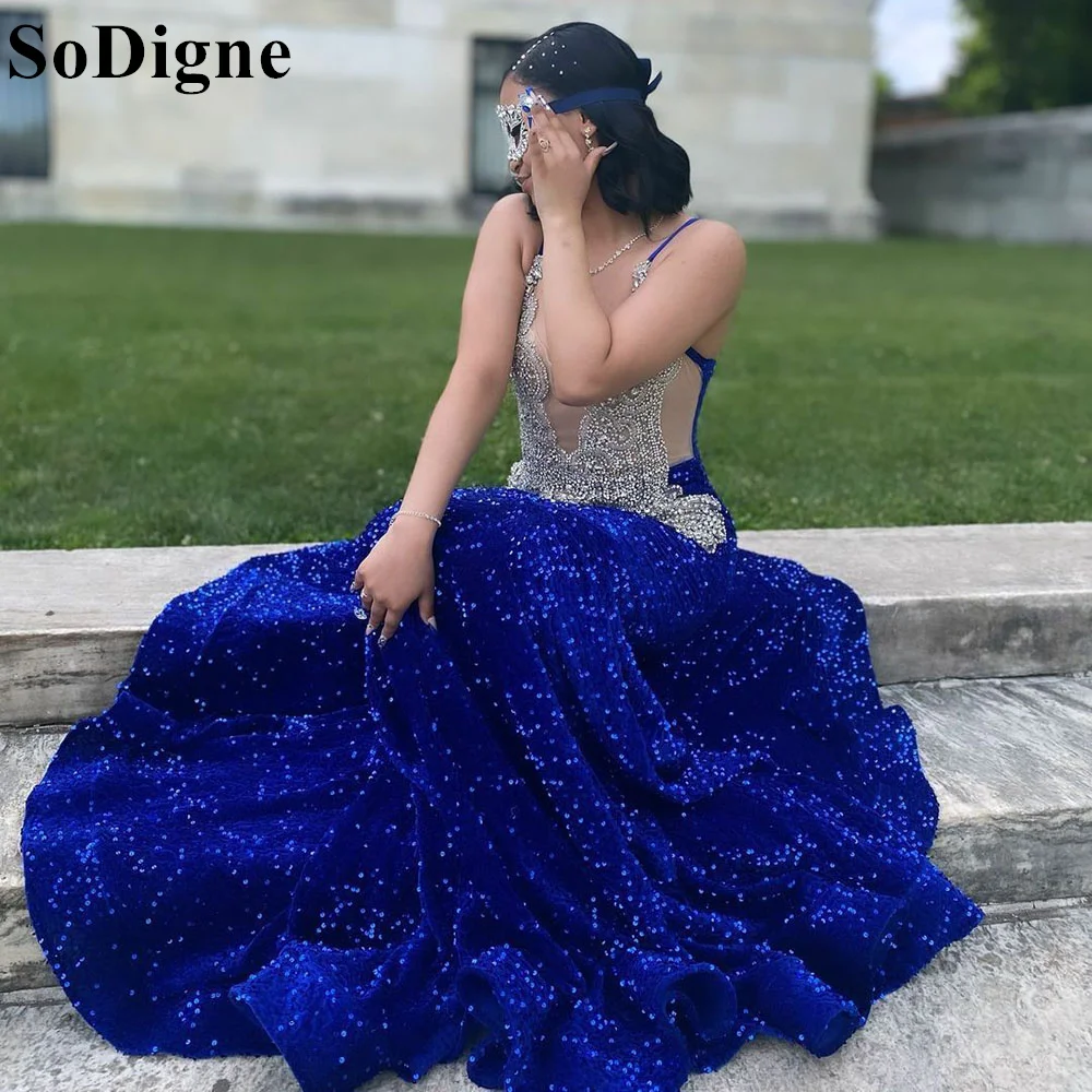 

SoDigne Royal Blue Spaghetti Strap Mermaid Prom Dresses Sleeveless Sequins Sexy Glitter 2024 Gala Party Evening Gown for Women