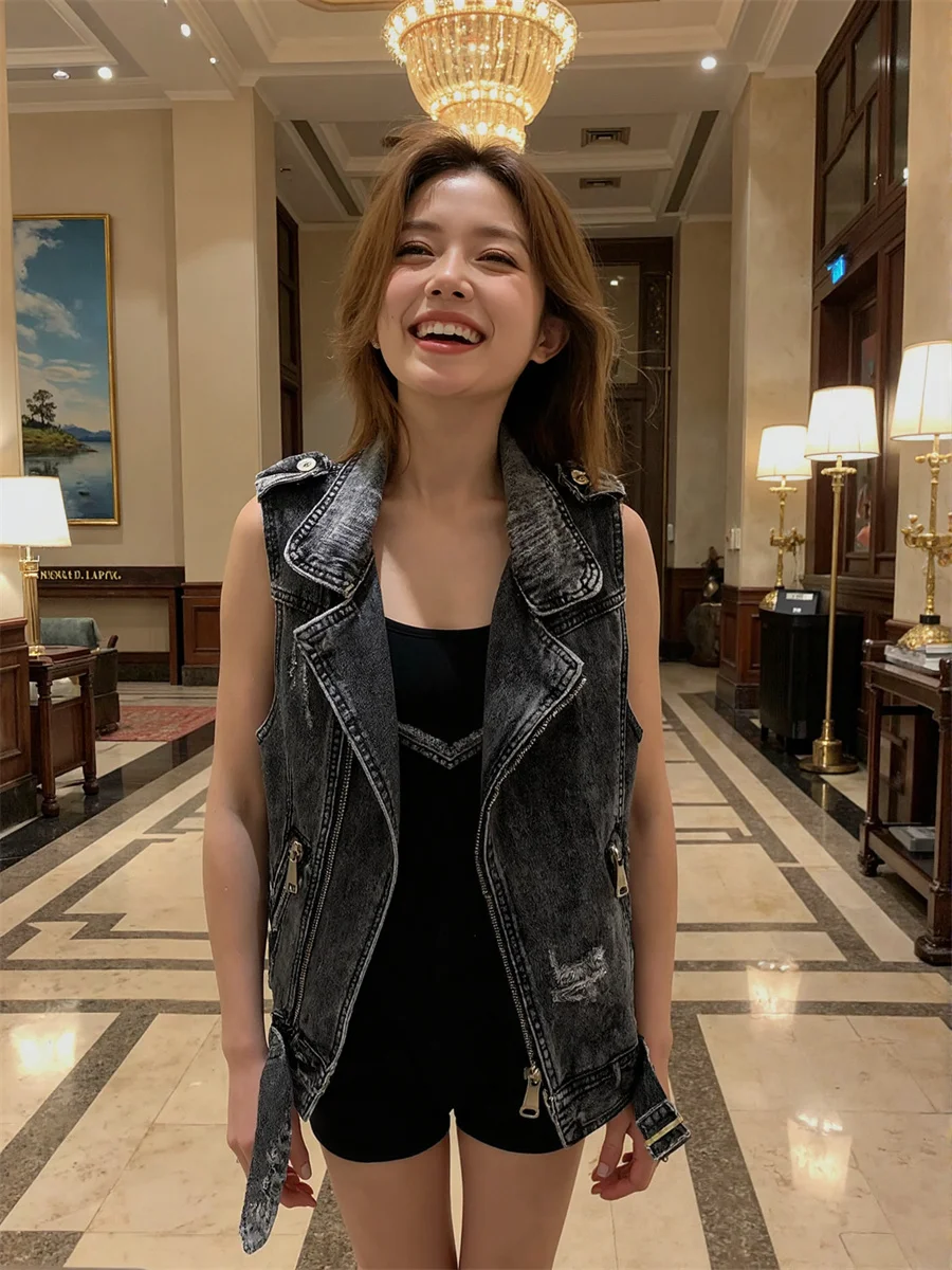 

Women'S Waistcoats Vests Y2K Black Zipper Multi-Pockets Blue Denim Bohemian Embroidery Ethnic Woman Sleeveless Fashion Casual