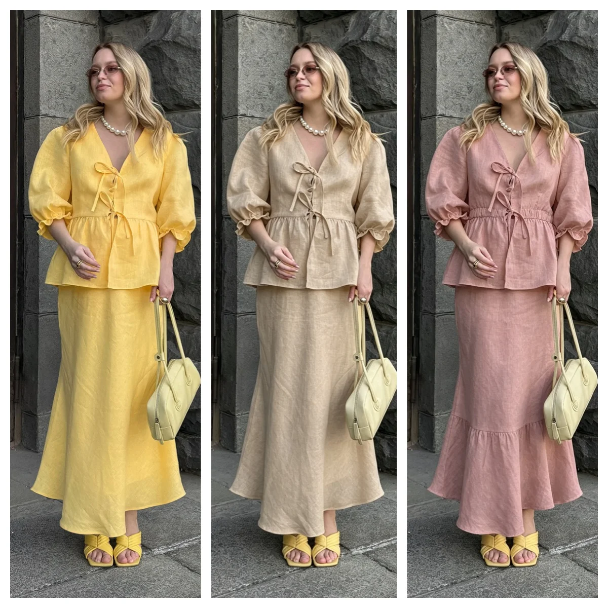 Summer Women's V-Neck Lace-Up Bubble Puff Sleeve Shirt  Long Skirt Set Loose Casual 2 Two-Piece Suit Sets
