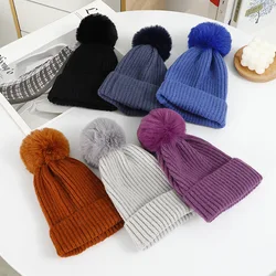 Floppy fur pompom beanie cap Winter wool warm knit hat Women men casual solid striped skullies gorros Ski