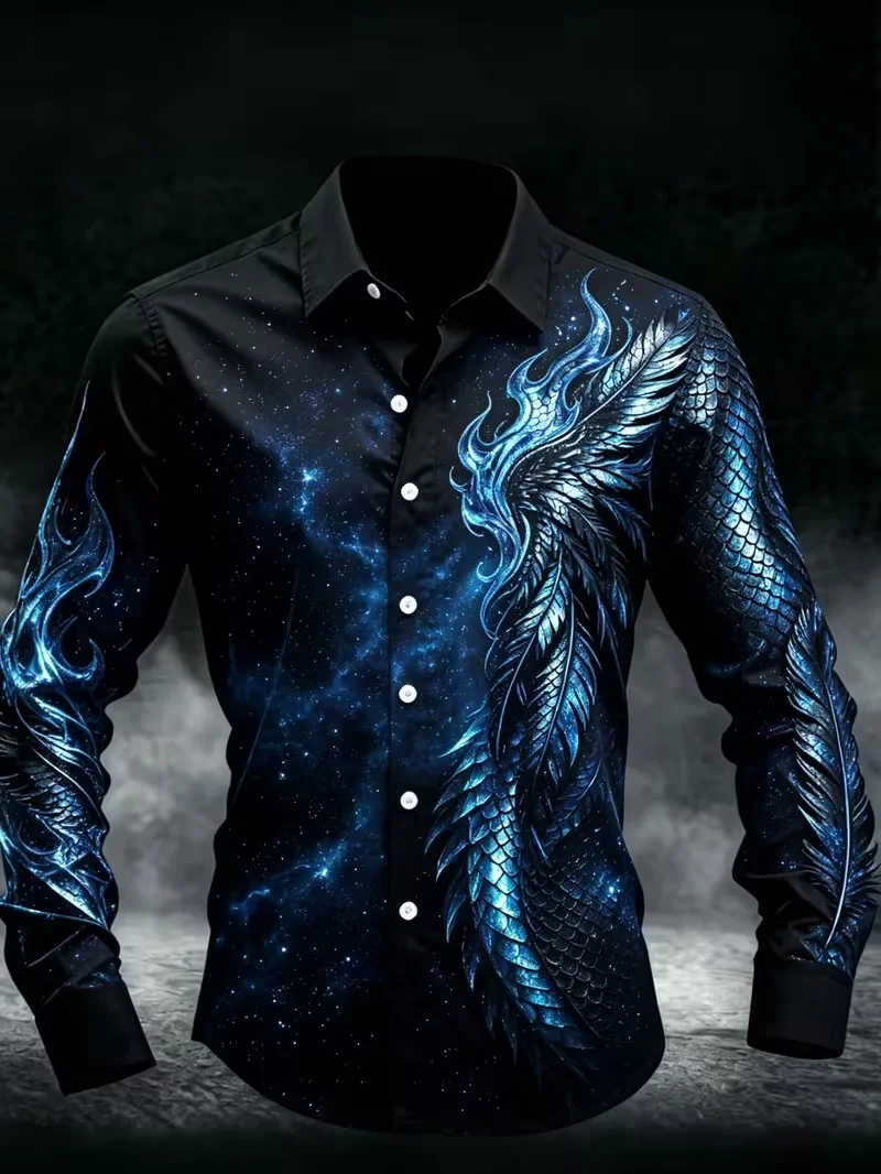 New Black Blue Neon Starry Sky Dragon Scale Phoenix Feather Long Sleeve Shirt for Cyber Fantasy Men's Shirt