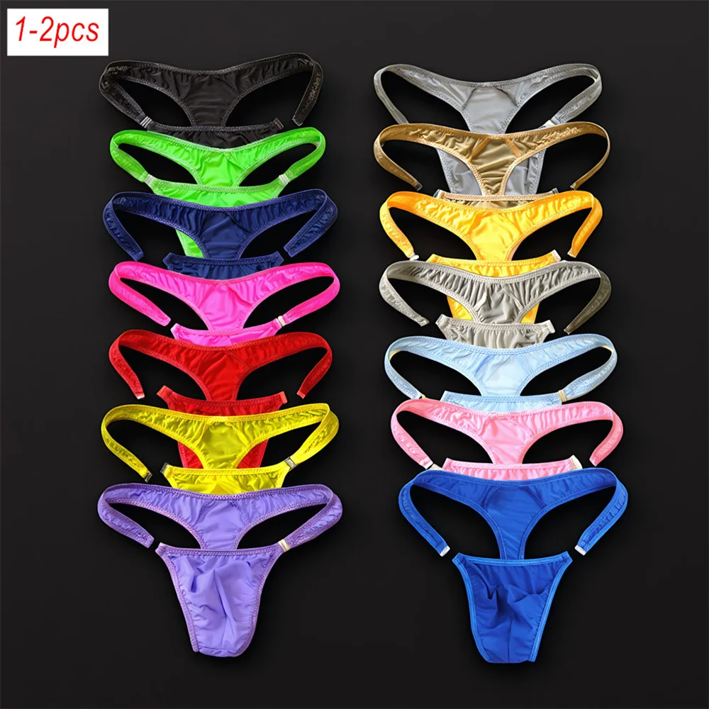 Tanga desmontable de seda helada para hombre, ropa interior convexa en U de cintura baja, Color sólido, transparente, elástico, Sexy, con hebilla, 1-2 uds.