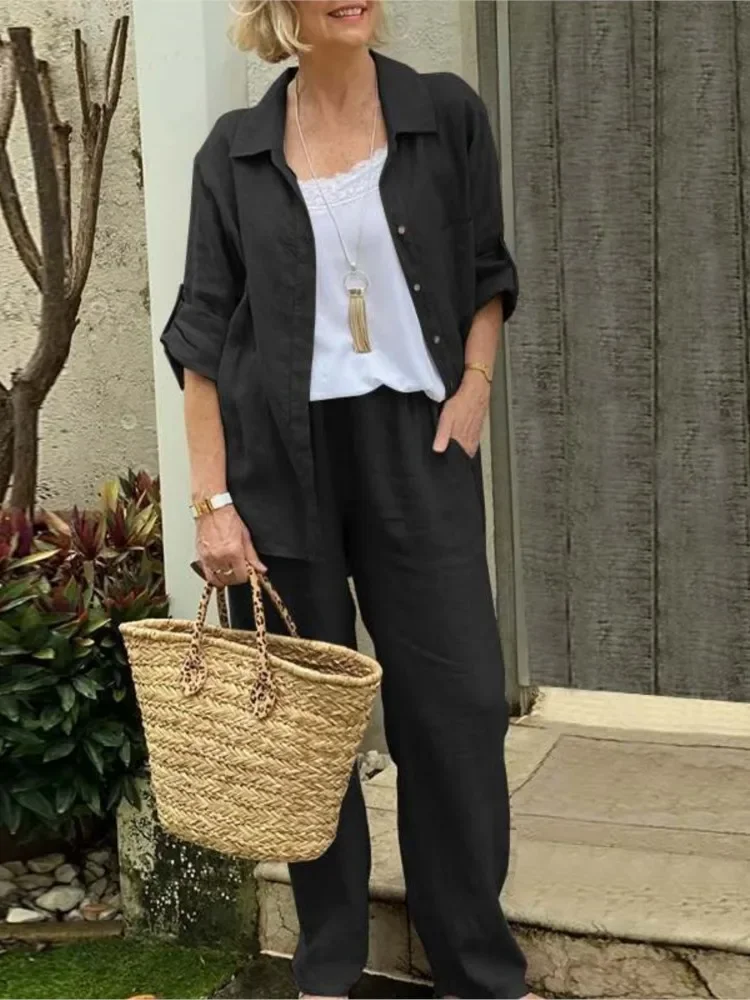Spring New Cotton Linen Suit Women's Outfits Simple Solid Shirt Loose Pants Set Female Trendy Casual Fashion Ladies 2 Piece Sets