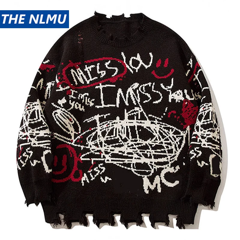 

Unisex Graffiti Print Sweater Y2K Streetwear 2024 Winter Harajuku Knitted Sweaters Women Men Casual Loose Pullover Jumper
