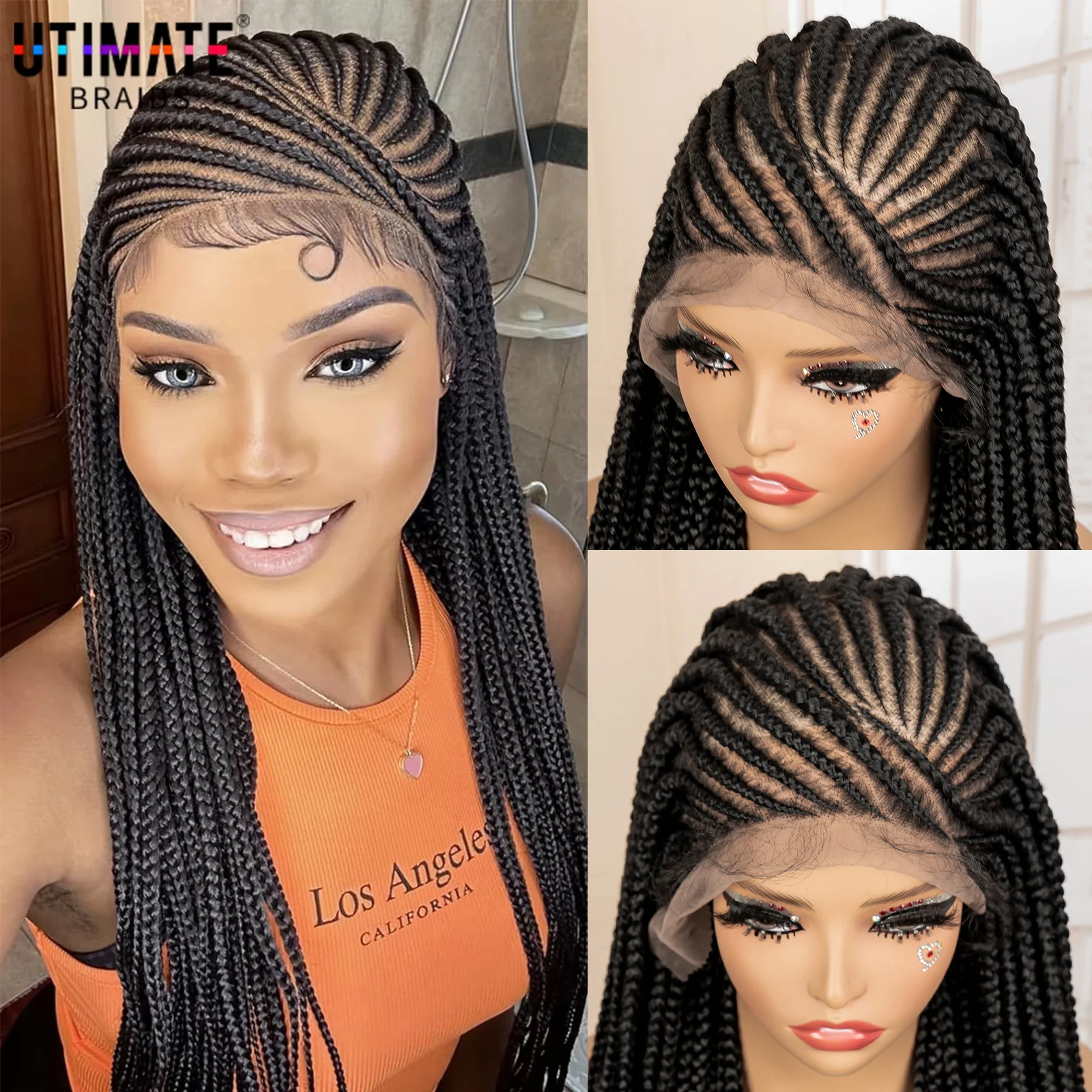 

Полный кружевной синтетический парик с афро-косами 36 дюймов Cornrow Knotless Box плетеные парики для чернокожих женщин ручной работы крючком плетение парик