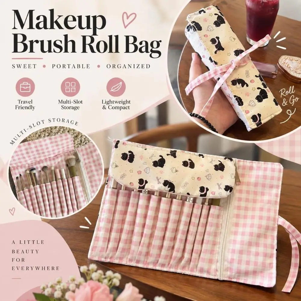 Multi-Slot Makeup Brush Roll Bag Grid Pattern Ribbon-Tie Cosmetic Brush Pouch Portable Roll-Up Brush Storage Wrap