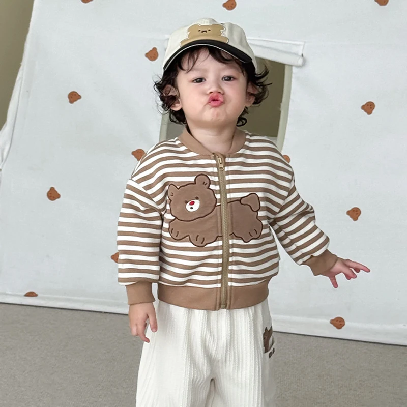 

Cute Cartoon Dog Bear Toddler Jacket Striped Baseball Coat Autumn Infant Zipper Outerwear 0-5Y Boys Clothes
