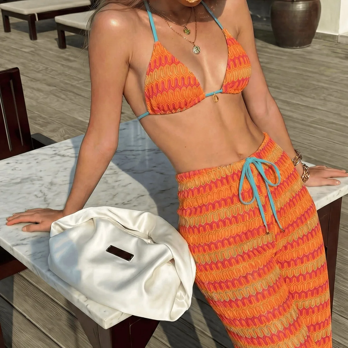 Coral Wave‑Textured 3‑in‑1 Swimsuit Crochet Knit Halter Bikini High‑Leg Blue‑Trim Long Wrap Pareo Pants Women Summer Beachwear