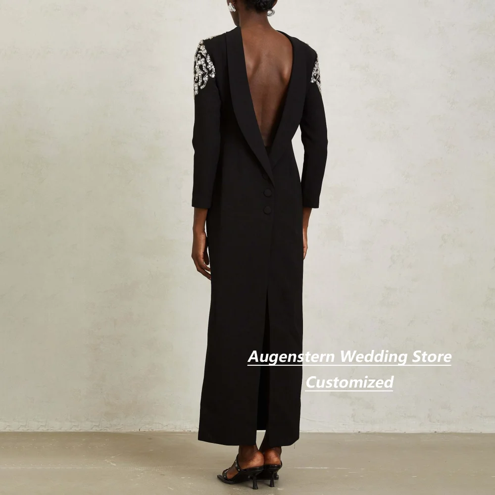 Customized High Neck Long Sleeve Crystal Beaded Evening Dress Women Open Back Rear Slit Buttons Formal Wedding Party Black