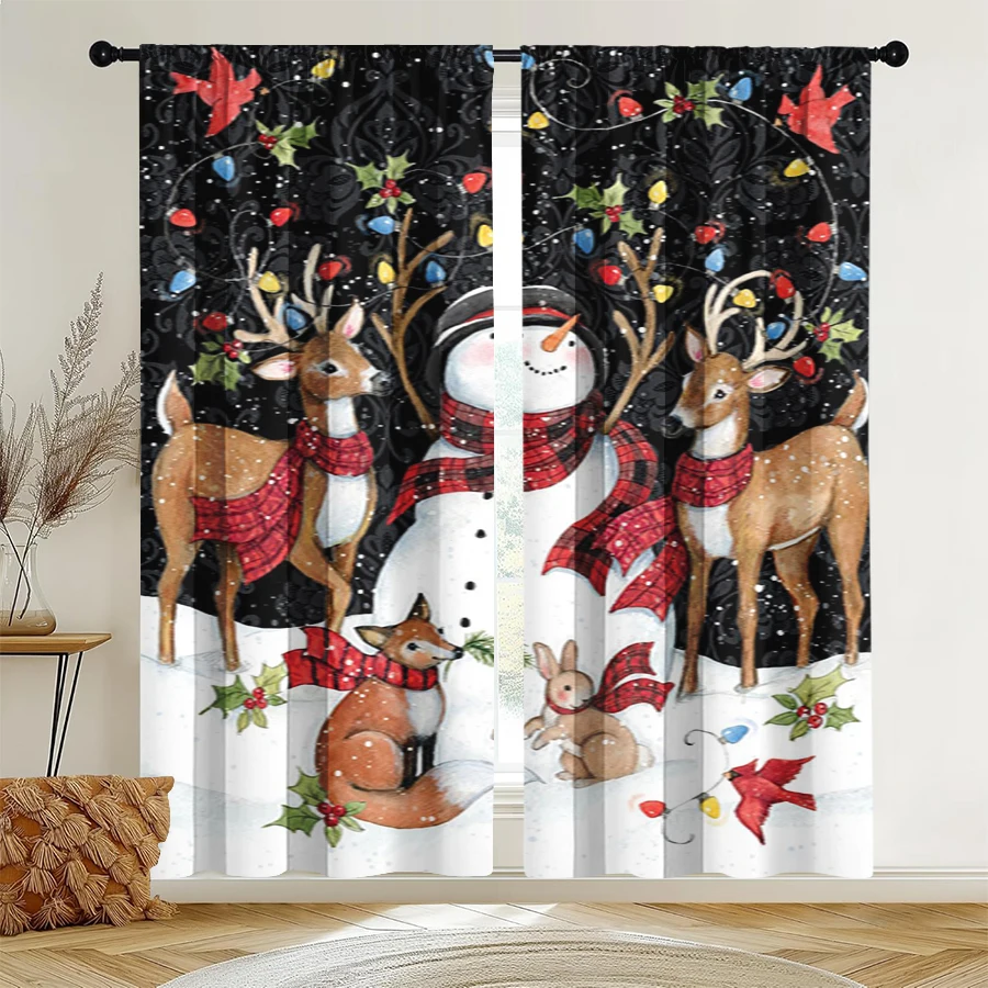 2PCS Christmas Winter Curtains, Deer Fox Rabbit, Digital Print, Bedroom Living Room Kitchen, Rod Pocket Polyester, Home Decor