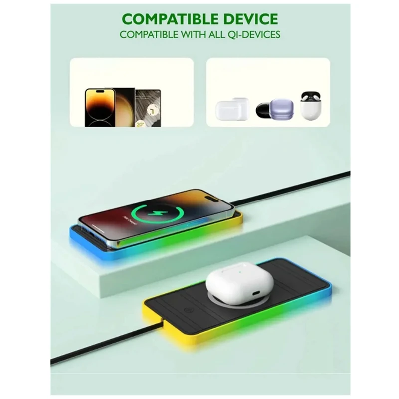 Car Wireless Charger With Breathing Light RGB Car Anti-Slip Pad Wireless Charging Suitable For Apple Parts