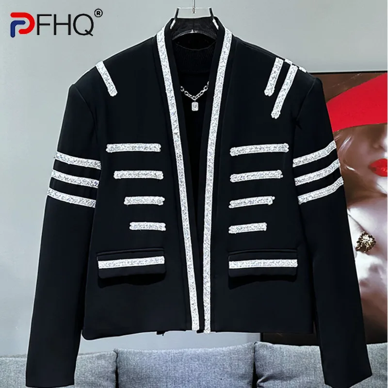 

PFHQ Men's New Casual Fashion Trend Versatile Contrast Color Short Jacket Korean Sequin Decorative 2024 Male Coat 21Z5677