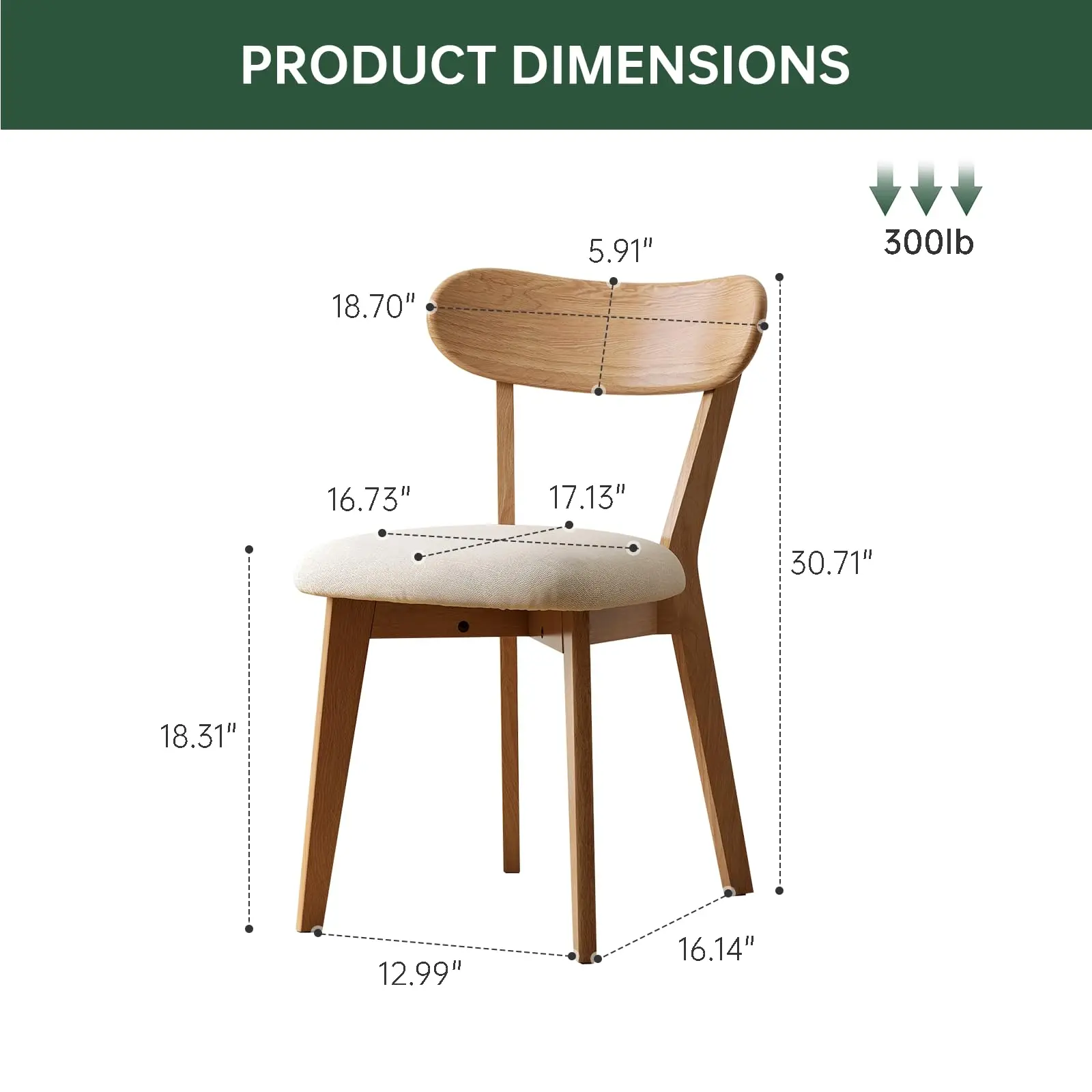 100% Solid Wood Upholstered Dining Chairs, Mid Century Modern Oak Dining Chairs with Curved Back Design with Butterfly
