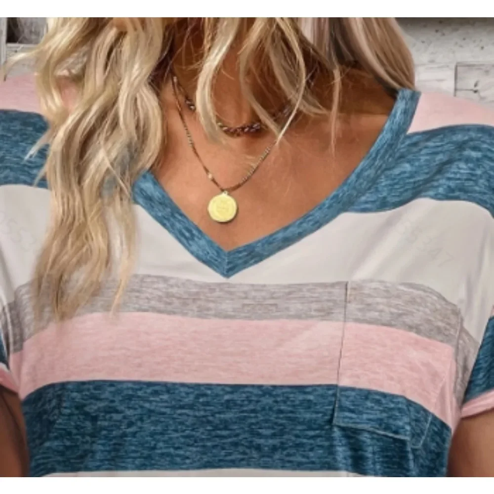 Plus Size Women's Summer New  Stripe Print Pocket hort Sleeve T-shirt Fashionable Casual Loose Printed Pattern T-Shirt