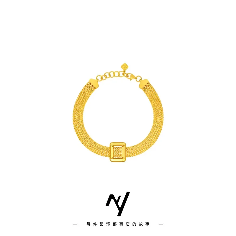 Fylia Jewelry   9999 24K real gold light luxury vintage medium braided gold square strap bracelet women's retro high-end silk sa