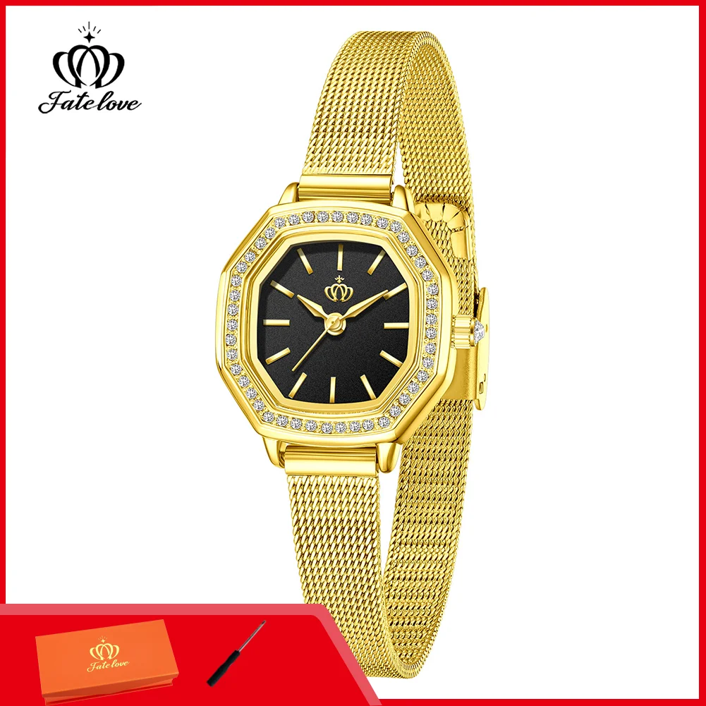 Fatelove 924 Elegant Diamond Watch for Women Waterproof Mesh Steel Strap Quartz Gold Ladies Wristwatch Luxury High Quality