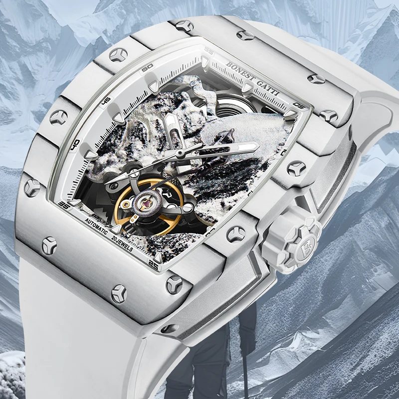 BONEST GATTI German Watch Carbon Fiber Men's Skeleton Automatic Mechanical Watch Fashion Luxury Tonneau Large Dial