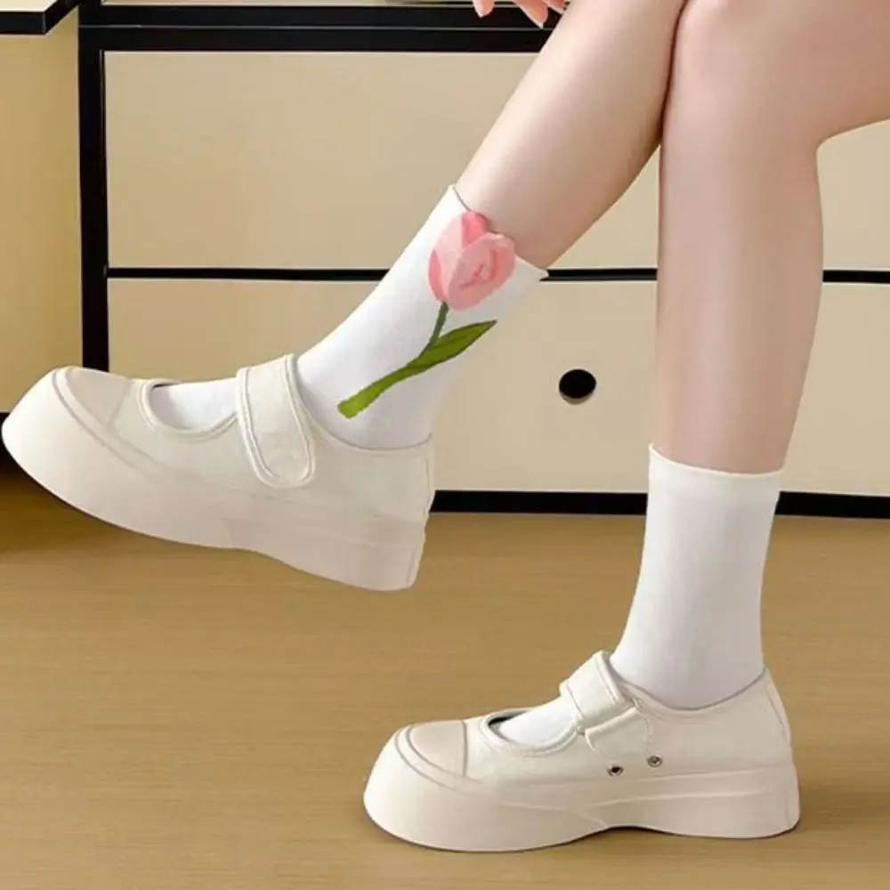 5Pairs Fashion Thin Tulip Flower Socks Breathable Female Hosiery Mid Tube Socks Sweet Socks for Women Streetwear