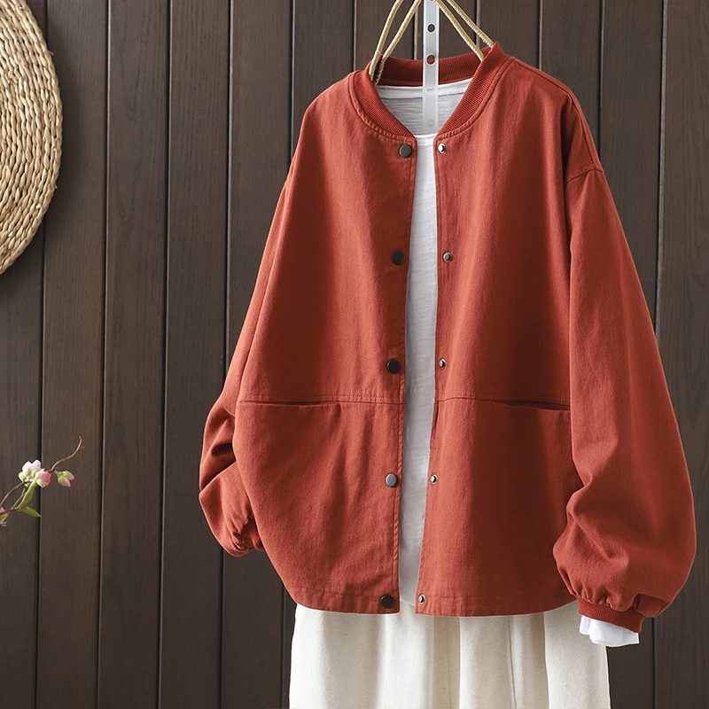 Women's Retro Workwear Baseball Jacket Loose Slimming Spring Autumn Large Size Cotton Stand Collar Jacket Long Sleeve Button ...
