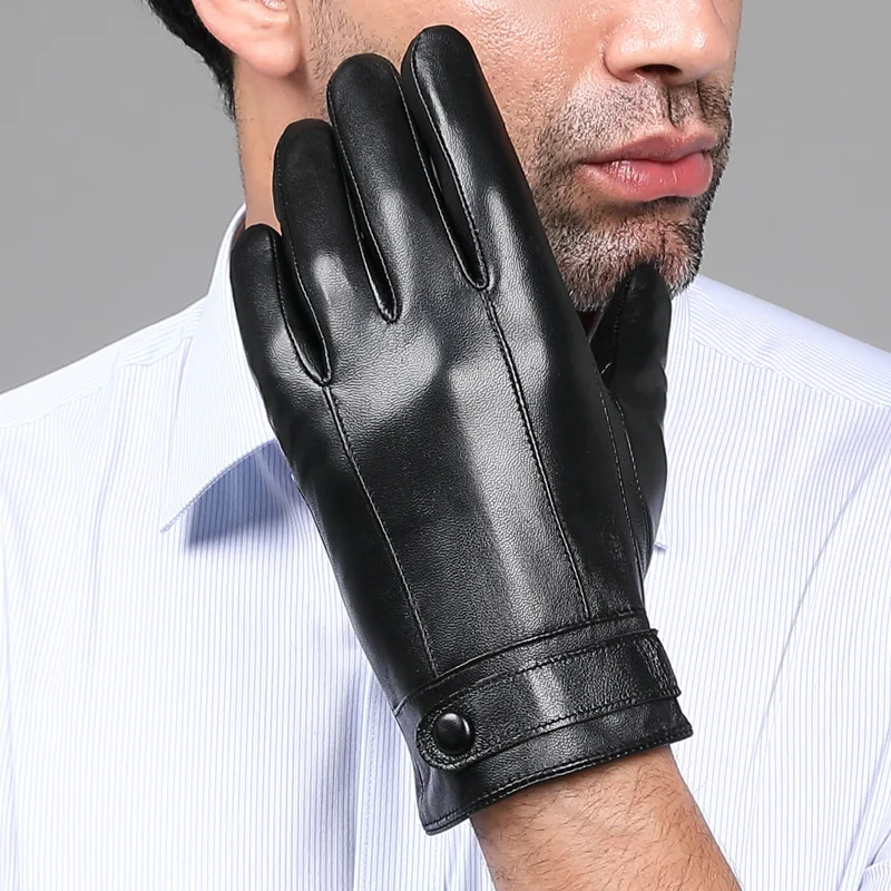 Fashion Real Leather Gloves Male Winter Thermal Plushed Lining Driving Simple Men Sheepskin Gloves Touchscreen Anti-Wind YSM0043