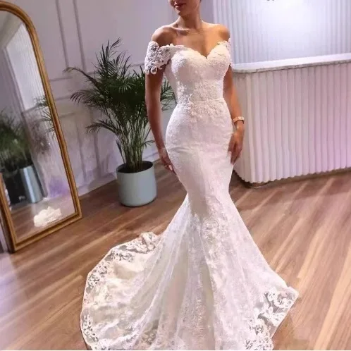 

New off-Shoulder Backless Lace Bridal Wedding European and American Simple Trailing Court Style Fishtail Dress