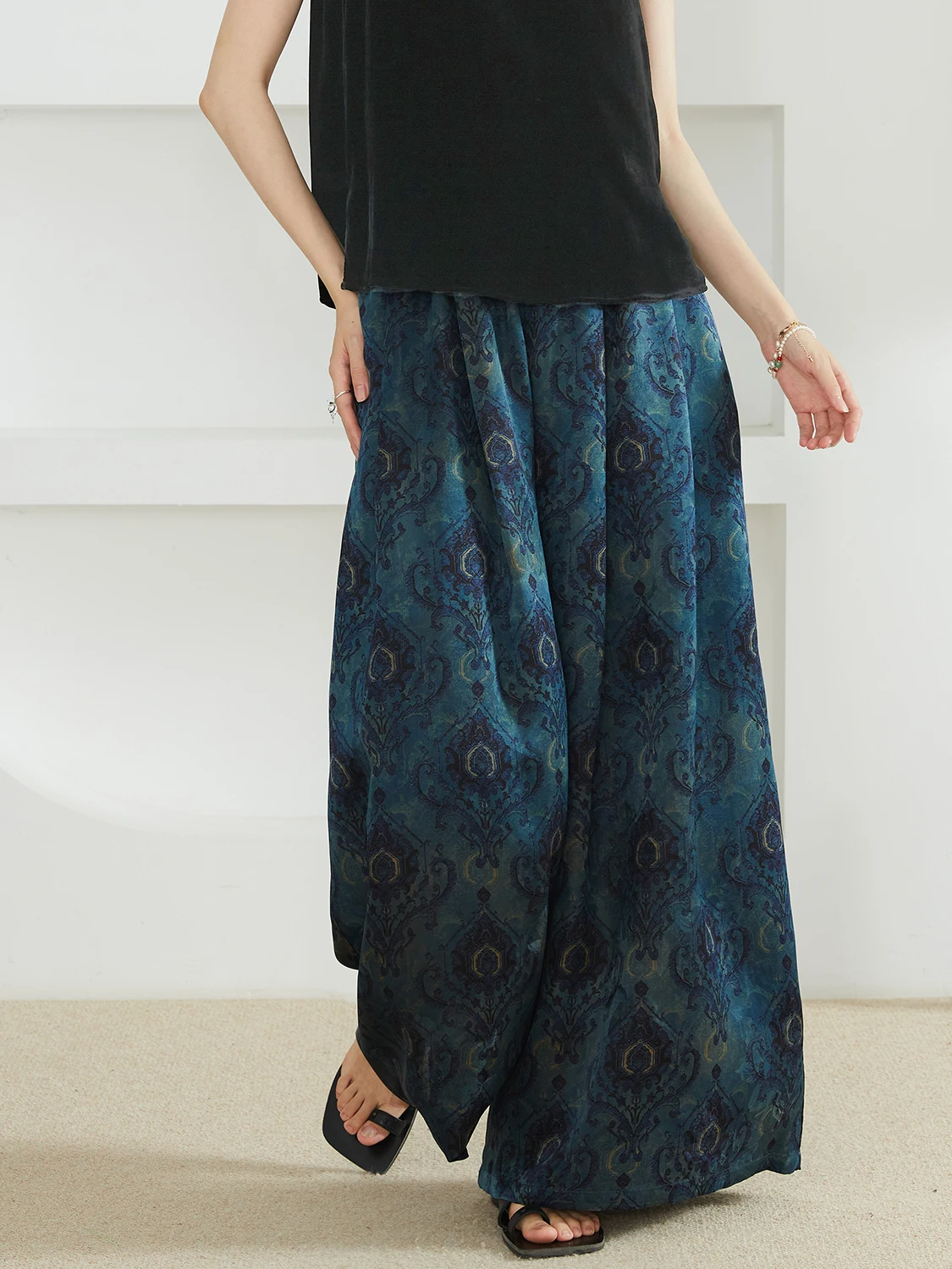 National Style Printed 100% Natural Mulberry Silk Fragrant Cloud Yarn Casual Elastic Waist Women's Fashionable Wide Leg Pants
