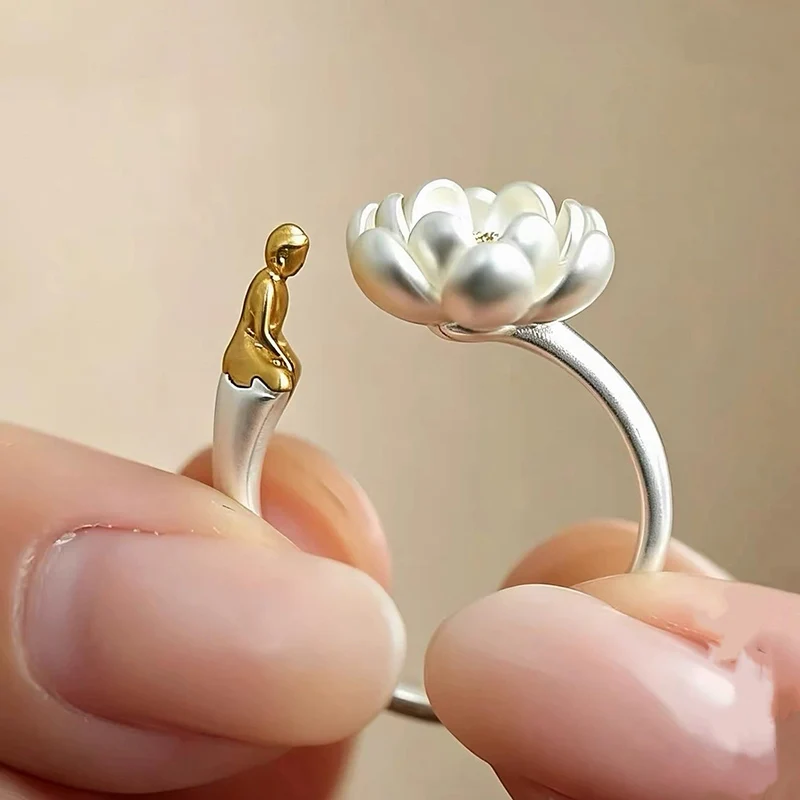 Unique Flower Buddha Ring Ethnic Style Lotus Finger Jewelry Fashionable and Versatile Creative Opening Rings KOFSAC