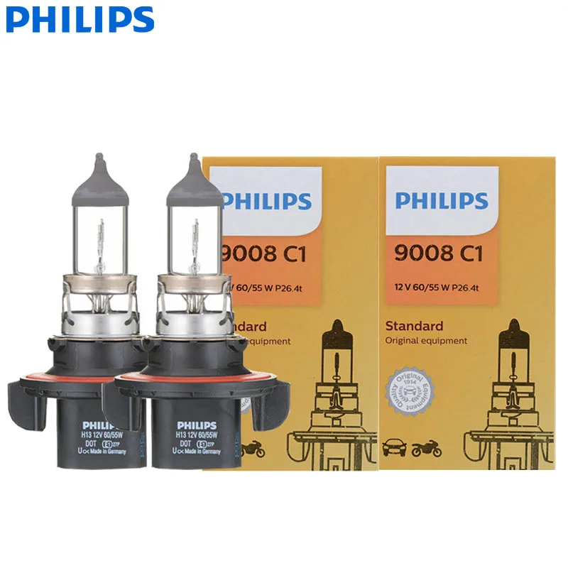 PHILIPS Genuine Standard Vision H13 P26,4d +30% Brighter 12V 60/55W Car Halogen Headlamp Fog Light Replacement Bulb 9008C1,1/2X