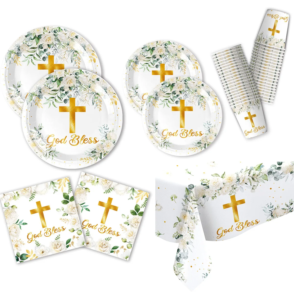 New Arrivalwhite Watercolor Green Leaf Cross Theme Baby Baptism Party Disposable Tableware Paper Towel Decorative Supplies