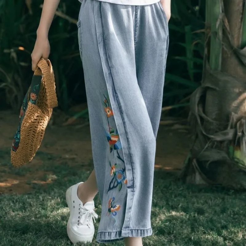 

Women's Light Blue Literary and Artistic Embroidered Denim Wide-leg Pants 2026 Retro Thin Loose and Thin Elastic Nine Points