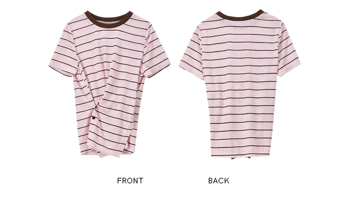 SENTUBILA Damen-Strickoberteil mit Rundhalsausschnitt und Kontraststreifen, Sommermode 2026, kurzärmeliges T-Shirt mit Twist-Front-Schlitz und Knöpfen Q62TC7208 – Detail 35