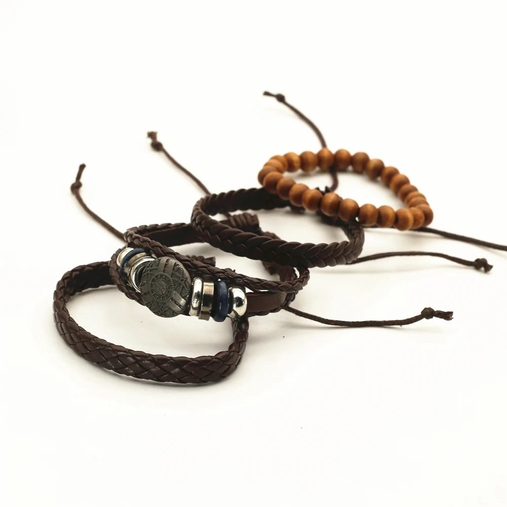 4 Pcs/set Alloy Charm Beads Men Leather Bracelets Sets For Women Handmade Woven Homme Jewelry