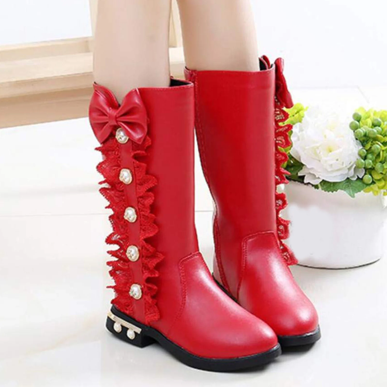 الفتيات الأطفال الأميرة أحذية اللؤلؤ الدانتيل المشذبة الأحذية الحلو لون نقي عالية أعلى أحذية طويلة كعب منخفض رصع الأزياء والأحذية #5