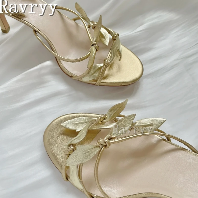 Gold Petal Leaf Genuine Leather Sandals Open Toe High Heel Back Strap Women Shoes Luxury Party Stiletto Sandal