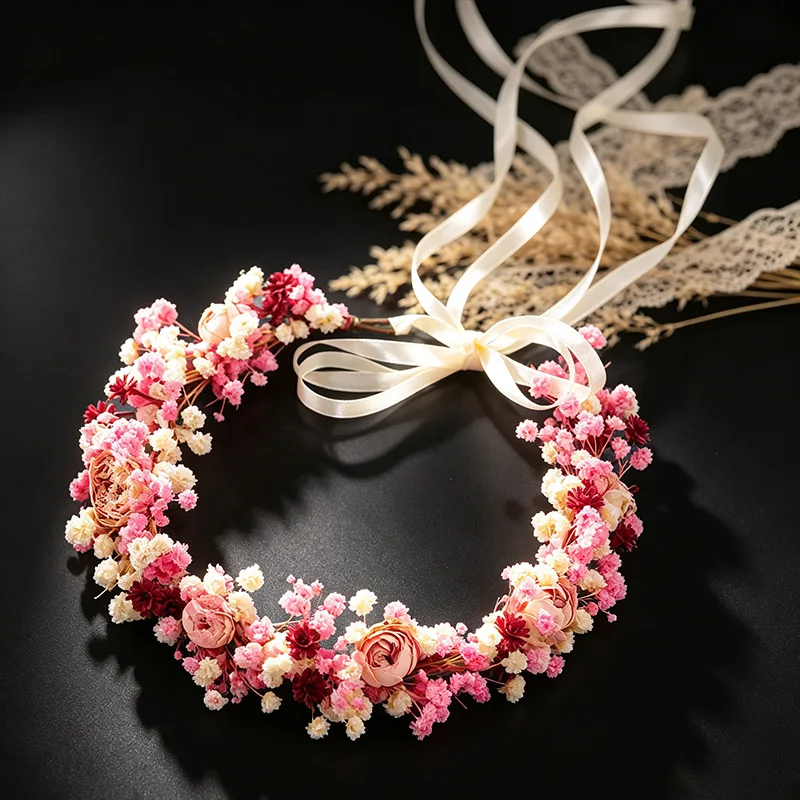 Retro Bean Pink Dried Flower Ribbon Headpiece Simulated Rose Baby s Breath Hair Crown for Wedding Photo Shoot Styling