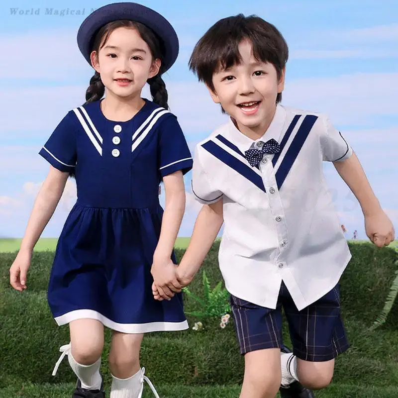

Kindergarten School Uniform Kids Primary School Clothing Short Sleeved Shirt Shorts Suit Navy Blue Dress Boys Girls Tracksuit