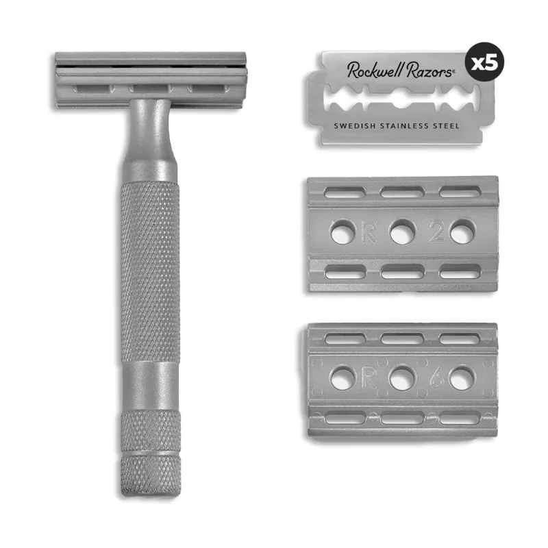 

ROCKWELL RAZORS 6S Stainless Steel Double-Edge Safety Razor with 6 Adjustable Shave Settings and 5 Blades, 8 Piece Set, Silver