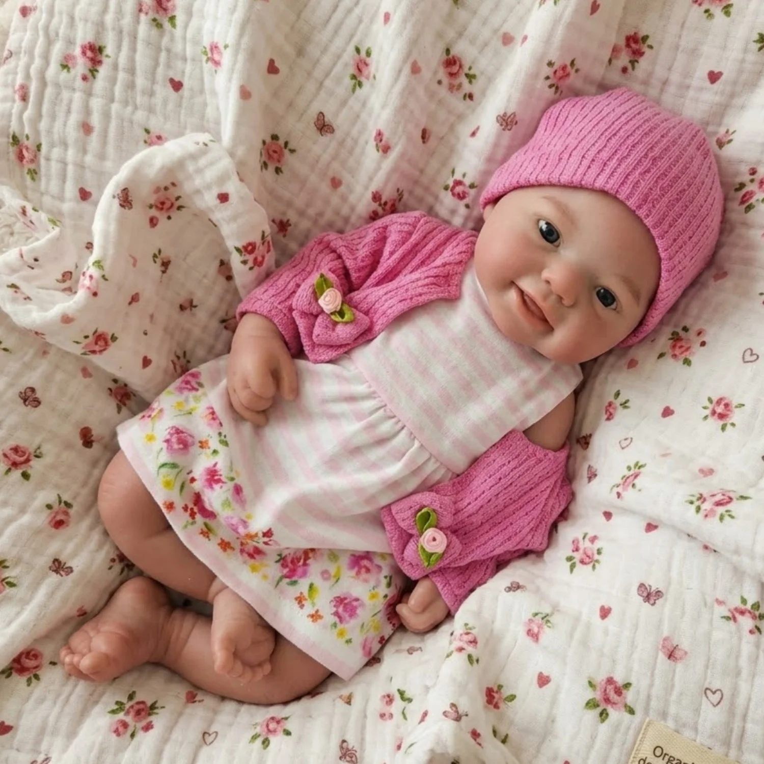 40cm Lifelike Silicone Reborn Bebe Doll, Smiling Newborn Doll with Pink Knit Hat & Cardigan, Floral Dress Outfit, Ideal Gift