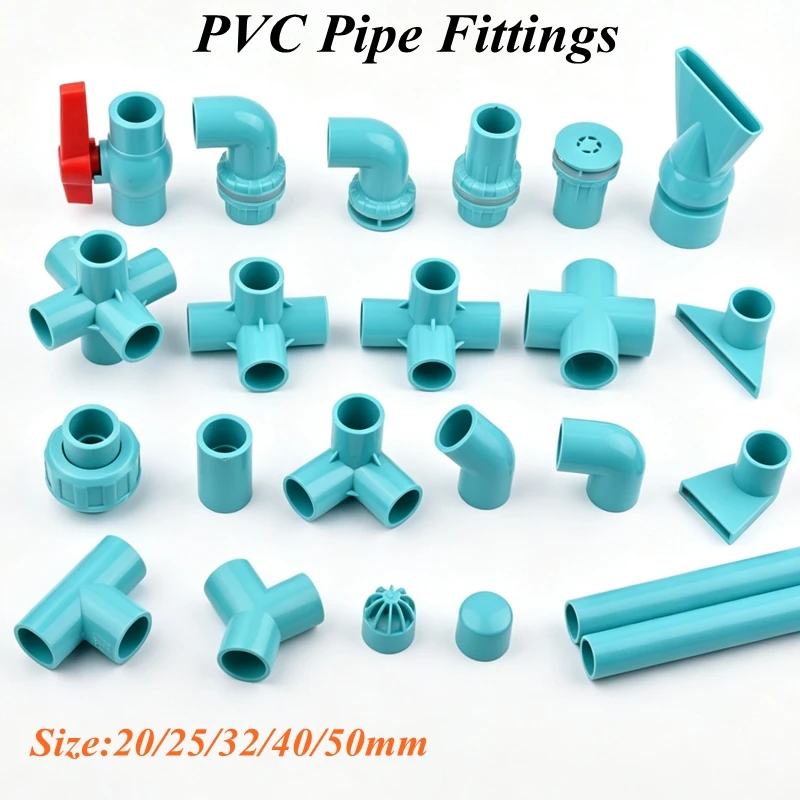 Cyan-blue PVC Pipe Joints,Tee 90° / 45 ° Elbows,Y-shaped Connector,Water Tank Inlet Outlet Drainage Joint I.D 20/25/32/40/50mm