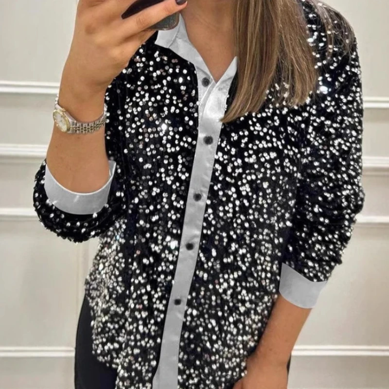 

Women Blouses Shirts Sequin Turn Down Collar Spring Autumn Shirt Tops Single Breasted Elegant Top Casual Y2k Tops Streetwear