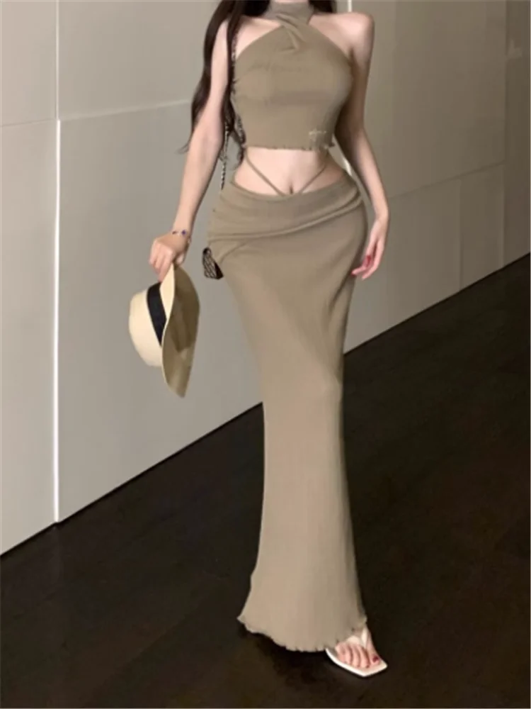 Conjuntos de dos piezas de punto ajustados para chica picante, camisola corta ajustada con cordones en la espalda, Top y falda larga de tubo de cintura baja