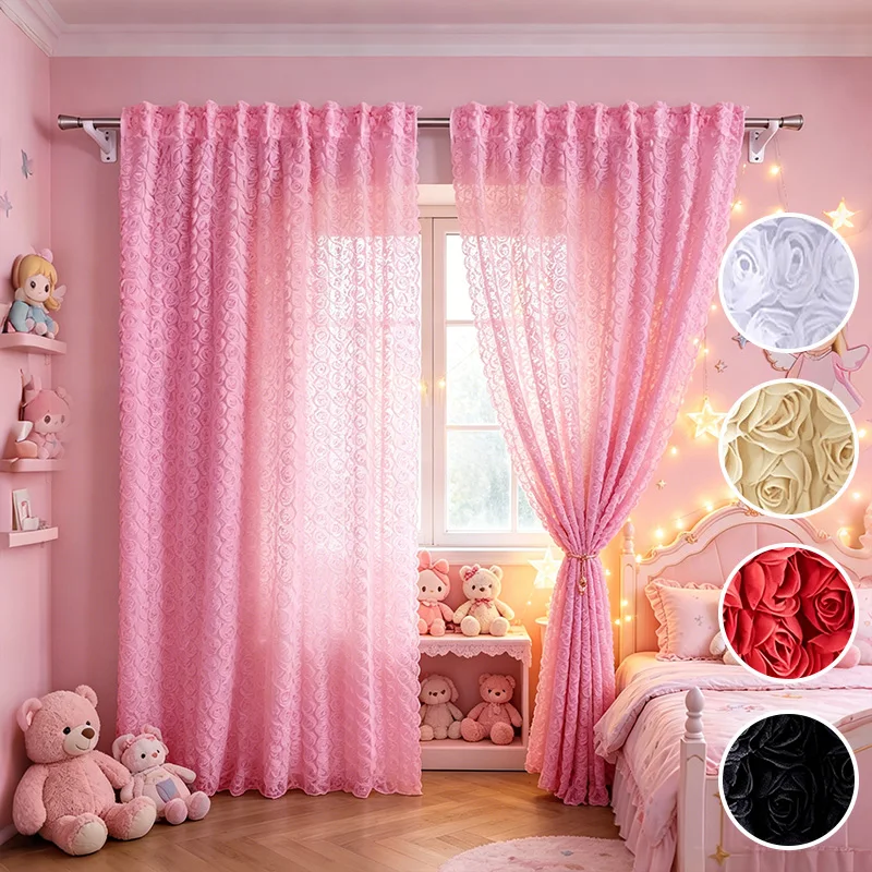 3D Rose Embossed Sheer Window Curtain, Rod Pocket Semi Sheer Voile Drapes Floral Curtains For Home Bedroom Window Decoration