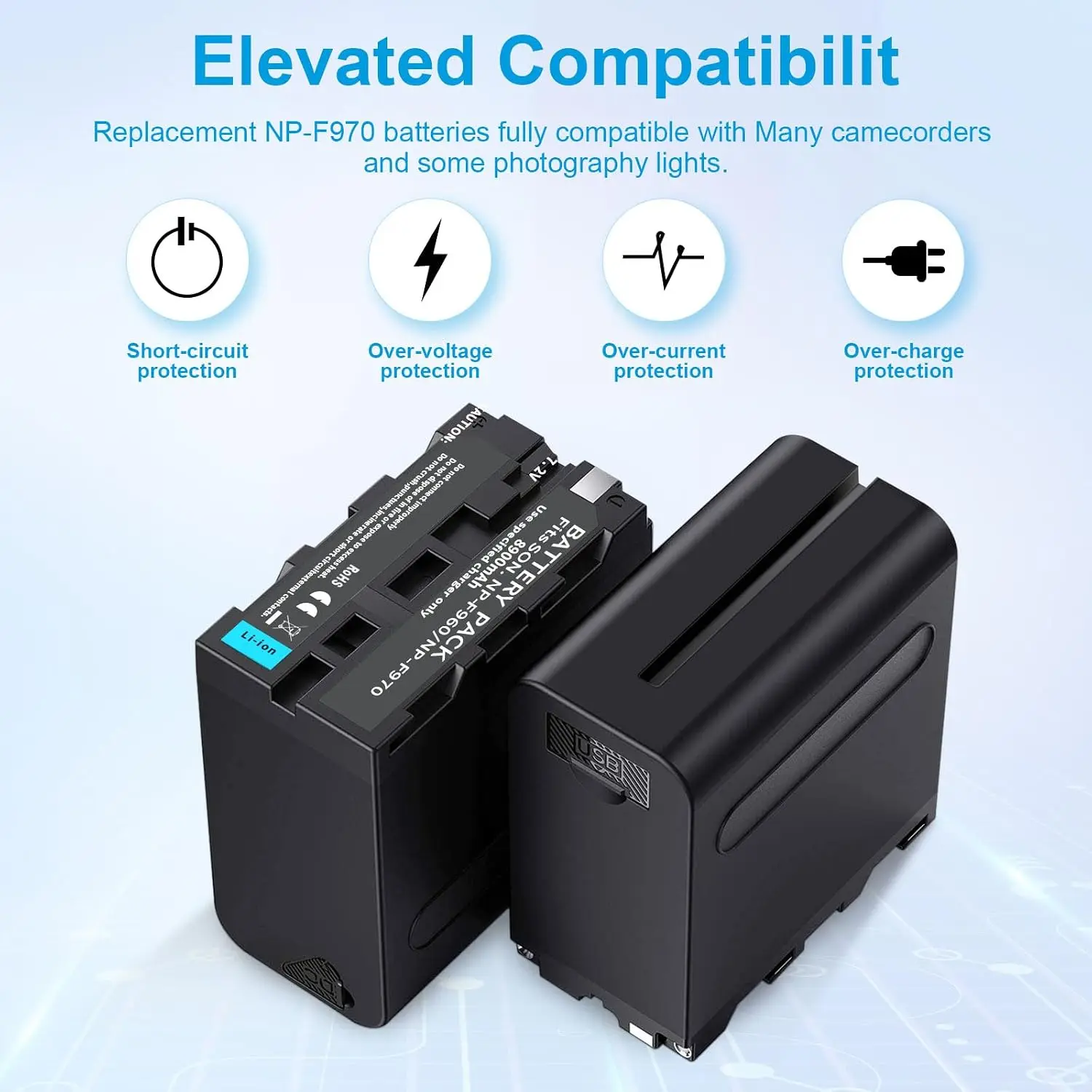 NP-F970 8900mAh Battery & 4/6-Channel Charger Bundle, 4/6-Pack, Works with NP-F970/F960/F950/F930/F770/F750/F570/F550/F530/F330 Camcorders, Field Monitors, and Video Lights (4 Channels, 4 Batteries)