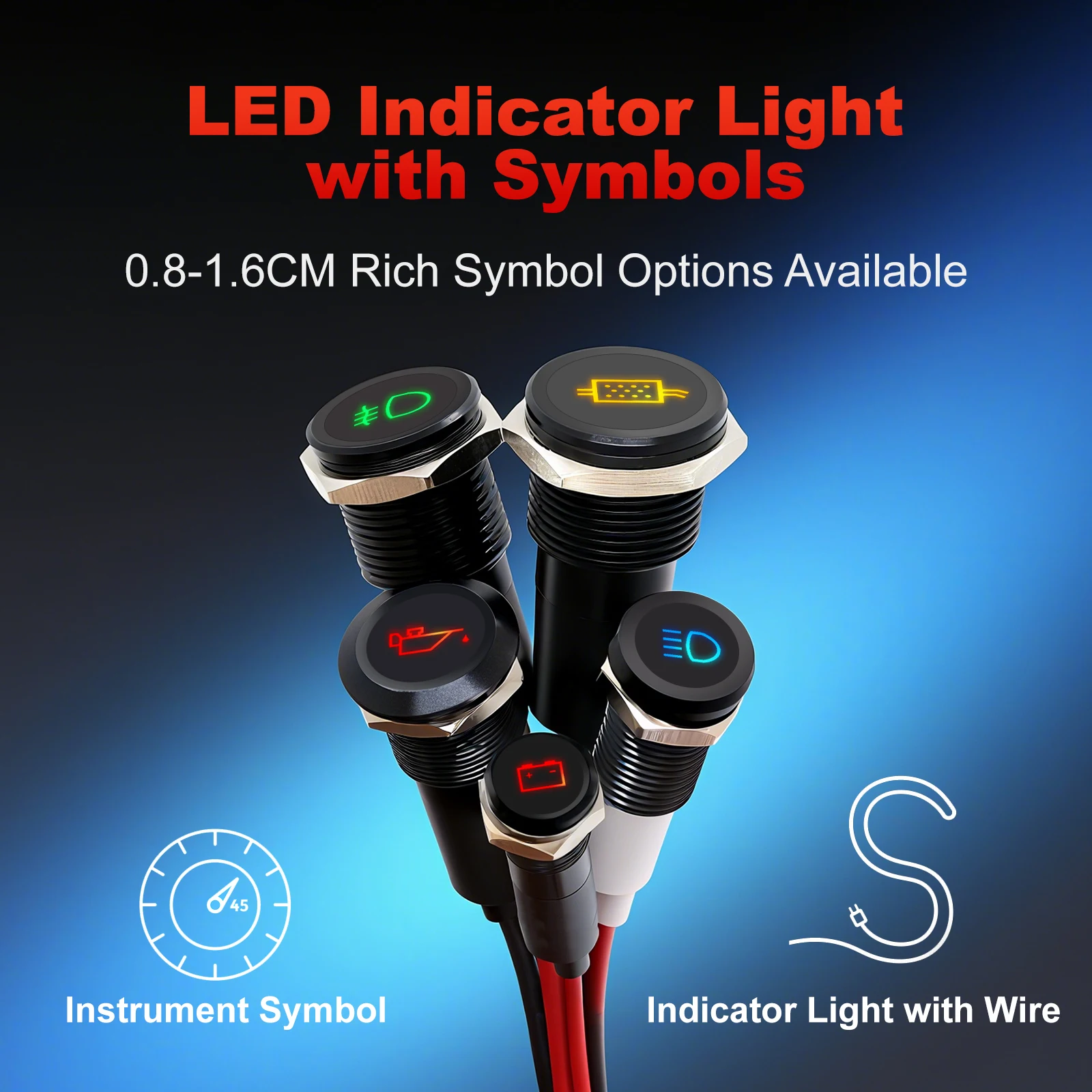 FILN 8mm Metall-Symbol-LED-Anzeigeleuchte 12V Blinkleuchte mit Schnellanschluss für Auto-, Motorrad- und Marine-Armaturenbretter – Detail 9