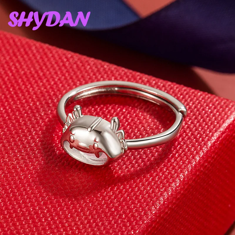 SHYDAN 925 Sterling Silver Laughing Incessantly Dragon Open Adjustable Rings For Women Girls Fashion Jewelry